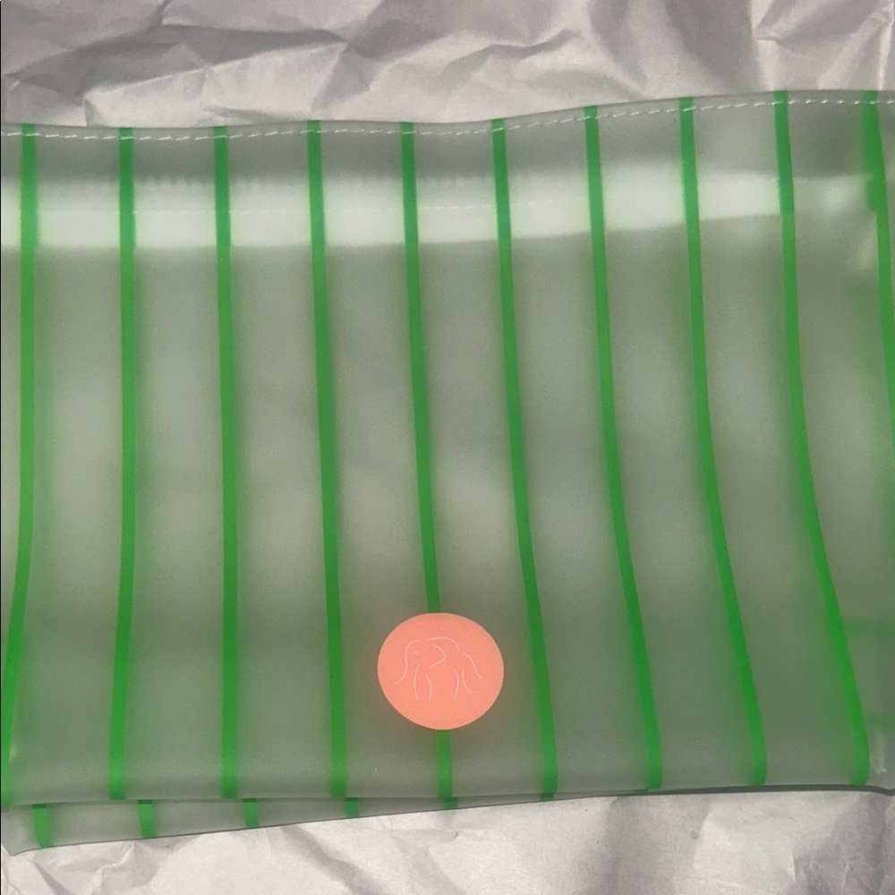 Drunk Elephant Transparent Pouch with Green Stripes and Pink Accent